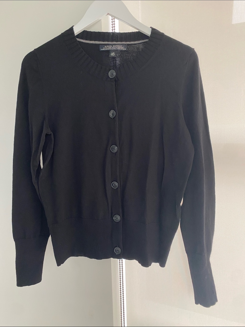 Banana Republic Black Extra Fine Italian Merino Wool Crewneck Cardigan Large